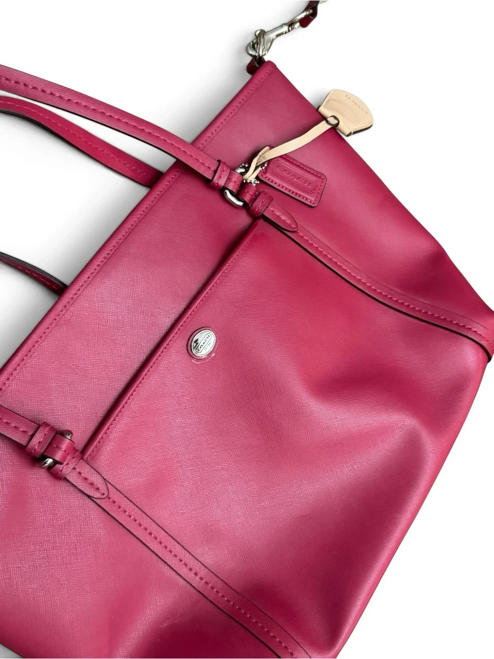 Coach Peyton Magenta Pink Leather Large Pocket Tote W/ Crossbody Strap